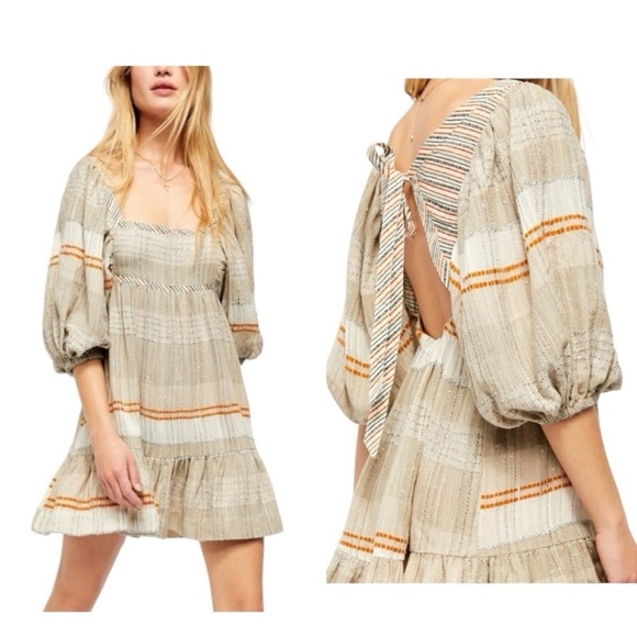 Free People Cozy Striped Tie-Back Bohemian Style Cotton-Blend Mini Dress Size XS - Picture 1 of 16